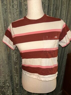 Dickies Striped Pocket Tee in Maroon Rust, Pink & Cream Crop Top